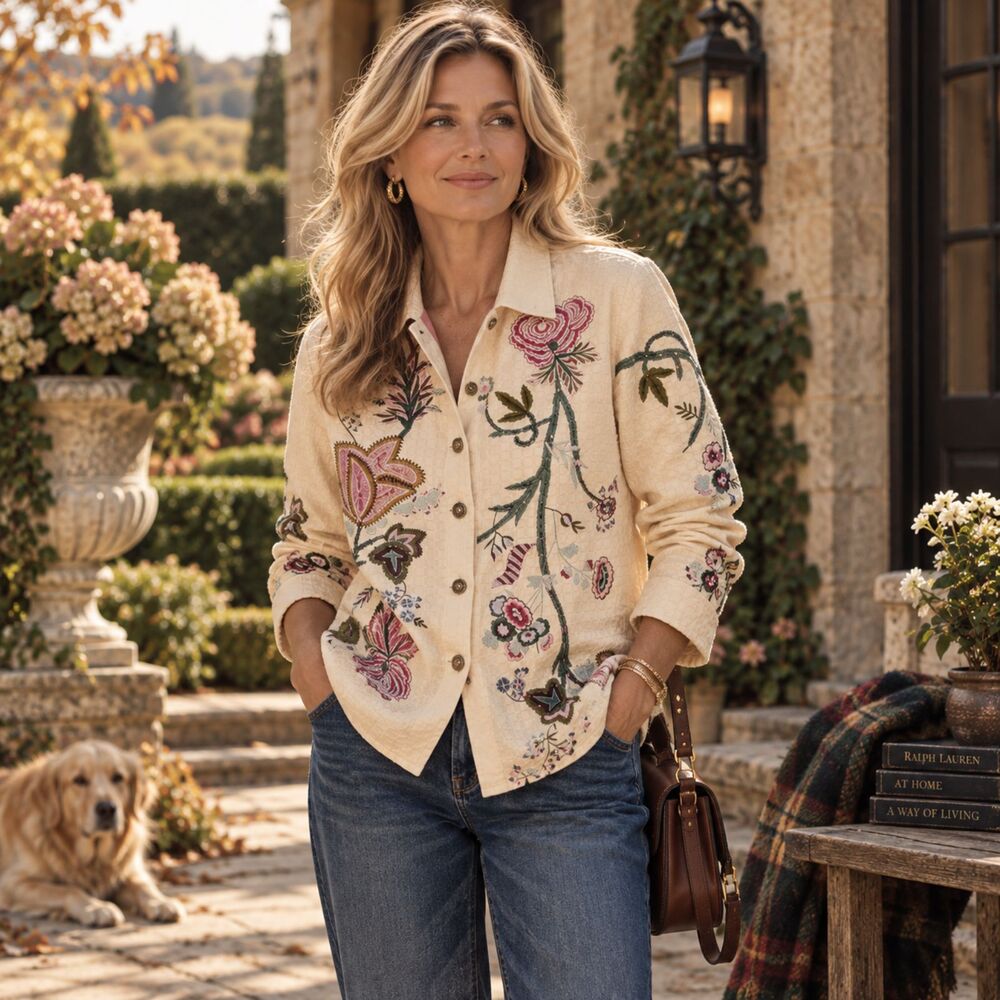 Alex Kim Women’s M Embroidered Floral Jacket Cream Cotton Rayon Boho Cottagecore